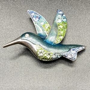 Signed Liz Claiborne Rhinestone Enamel Hummingbird Brooch Pin Silver Tone Green